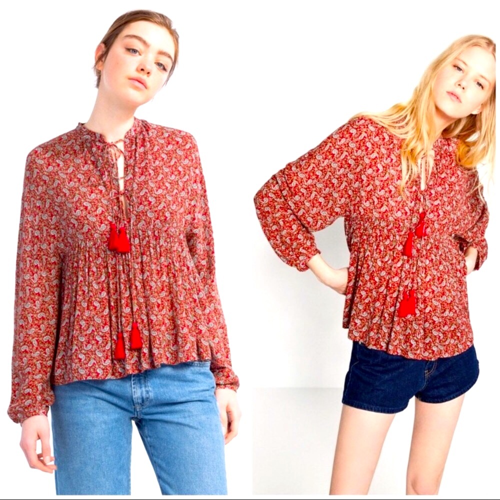 Zara Paisley Tassel Trim Boho Peasant Blouse Large